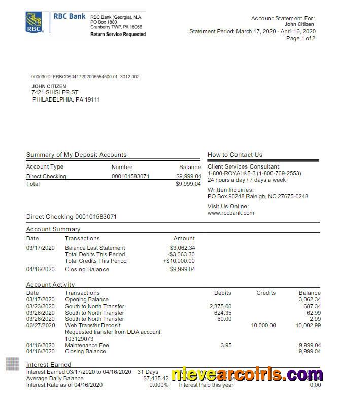 USA RBC bank statement Word and PDF, version 2